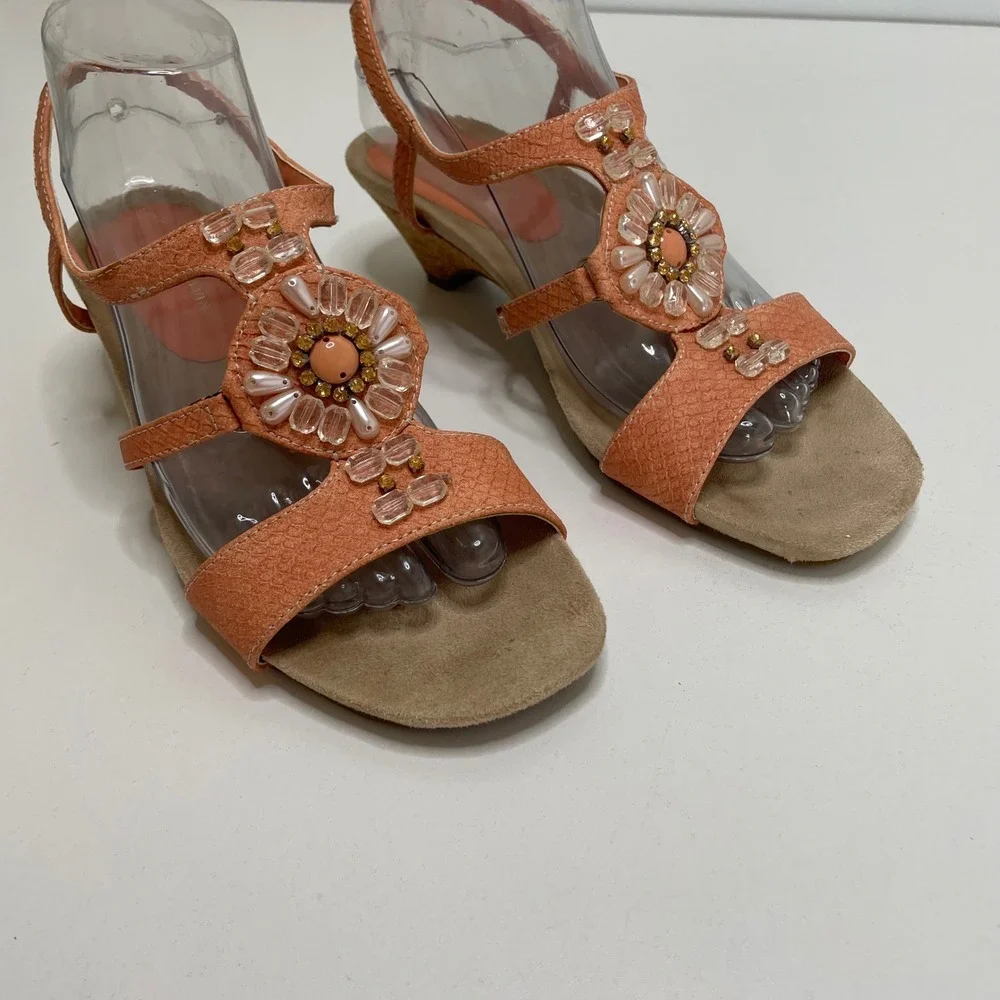 AK Anne Klein Aktinny iflex Orange Beaded Floral Wedge Sandal 8.5M Boho Festival